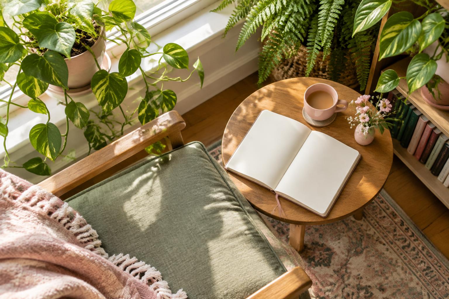 A sunlit journal beside a pink cup, soft cushions, and leafy houseplants